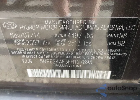 2015 Hyundai Sonata Se z USA, uszkodzony, nr VIN 5NPE24AF3FH127895